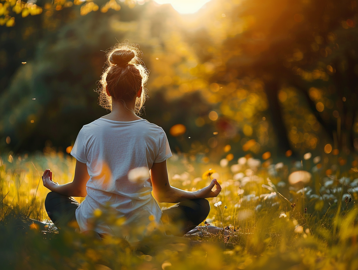 Людина в позі медитації на природі